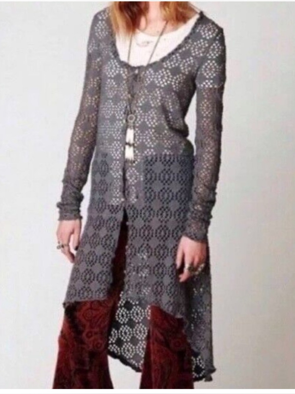 Free People Beach Large Love Song Crochet Gray Hi Lo Cardigan Sweater - Picture 2 of 7